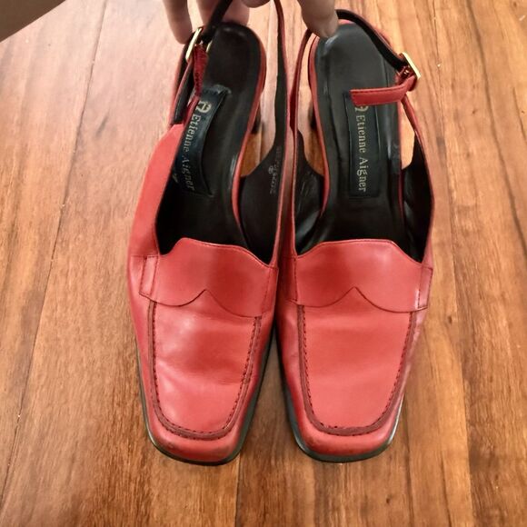 Vtg Etienne Aigner Leather Square Toe Red Loafer Sling Back Heels Sz 6.5 - Picture 3 of 15